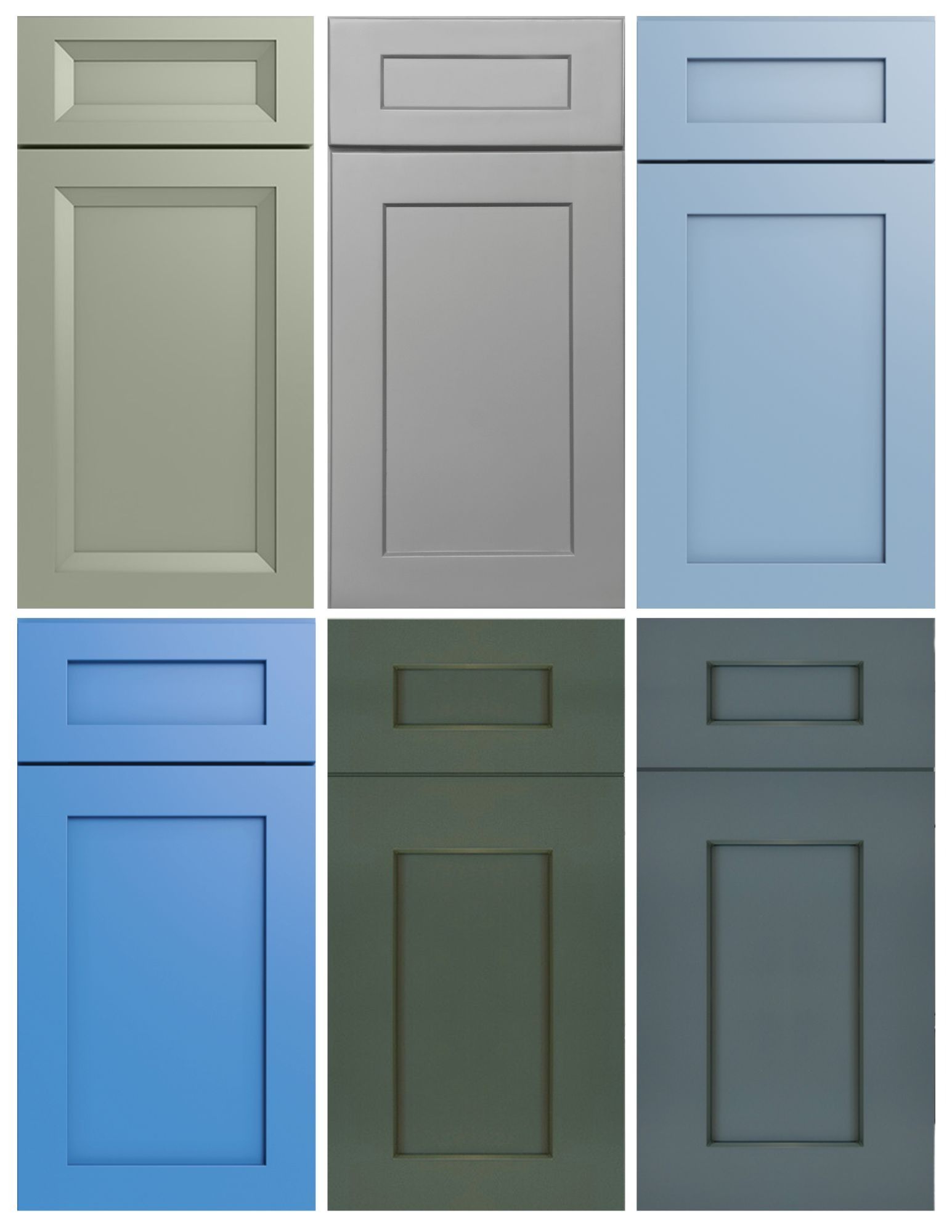 Six painted cabinet doors: various shades of blue and gray.