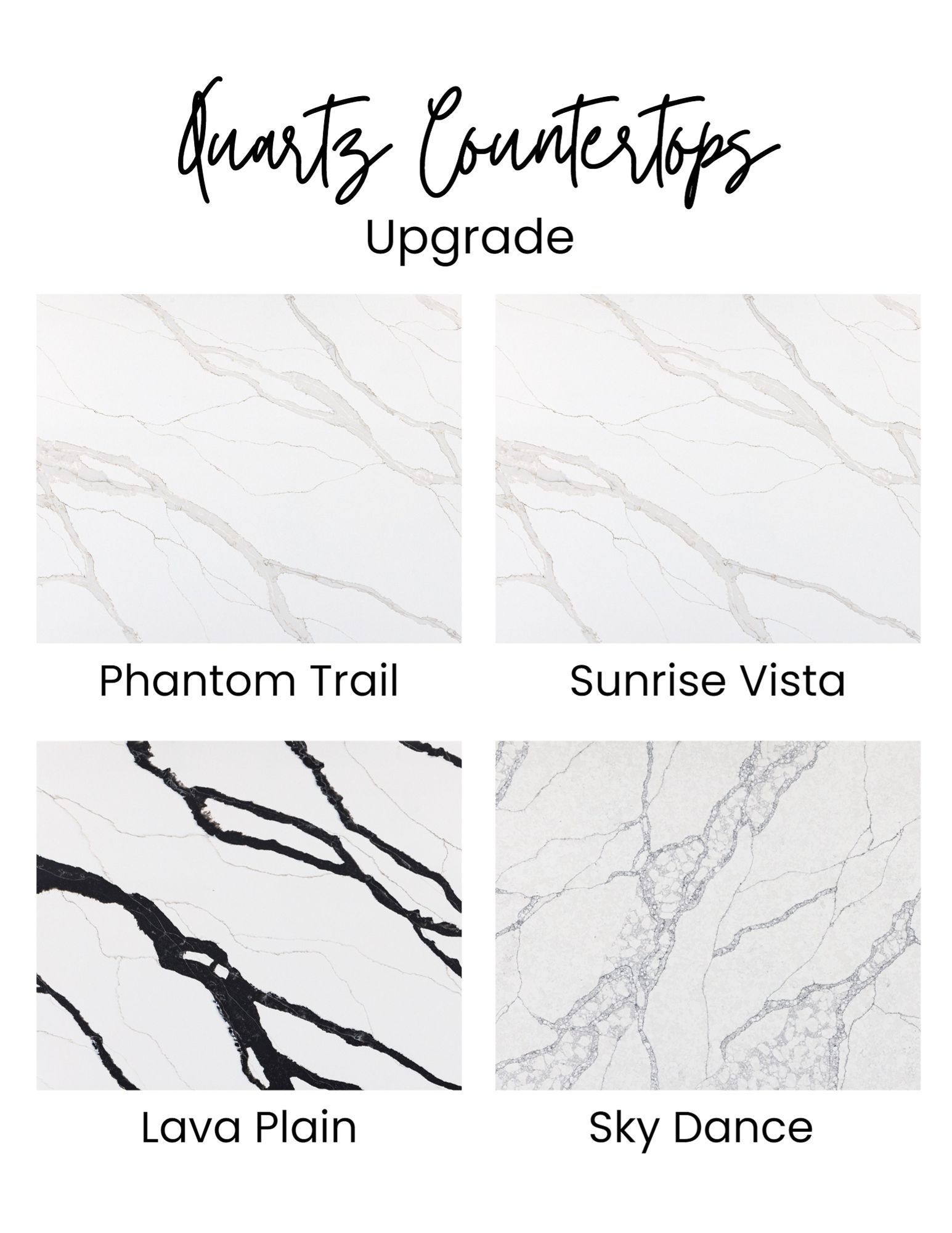 Quartz countertop samples: Phantom Trail, Sunrise Vista, Lava Plain, Sky Dance.