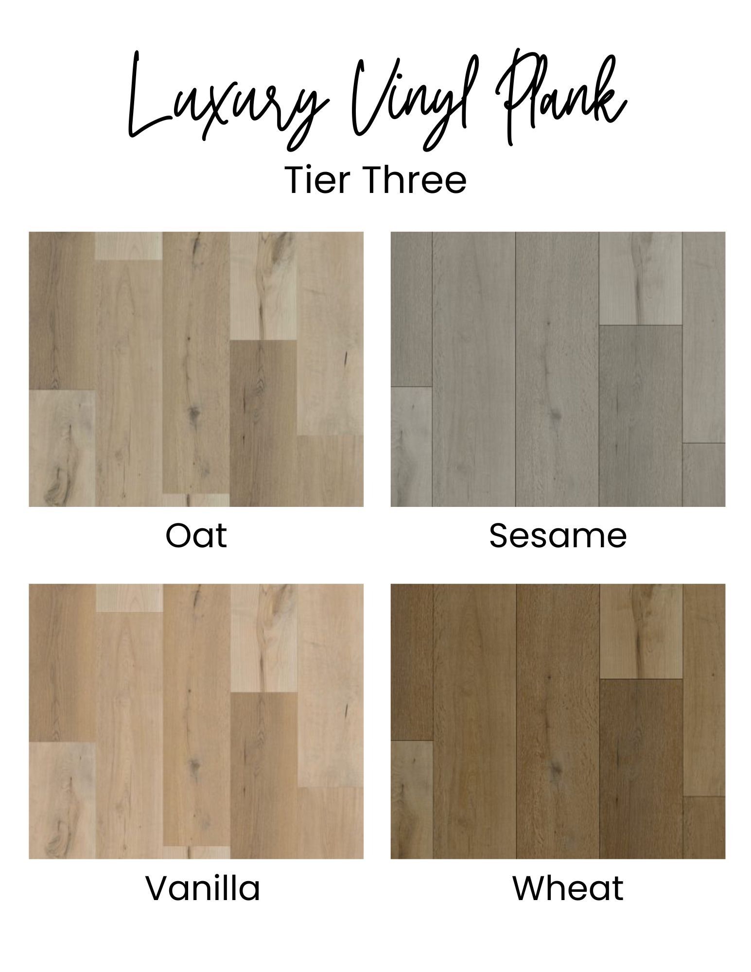 Four samples of luxury vinyl plank flooring in Oat, Sesame, Vanilla, and Wheat colors.