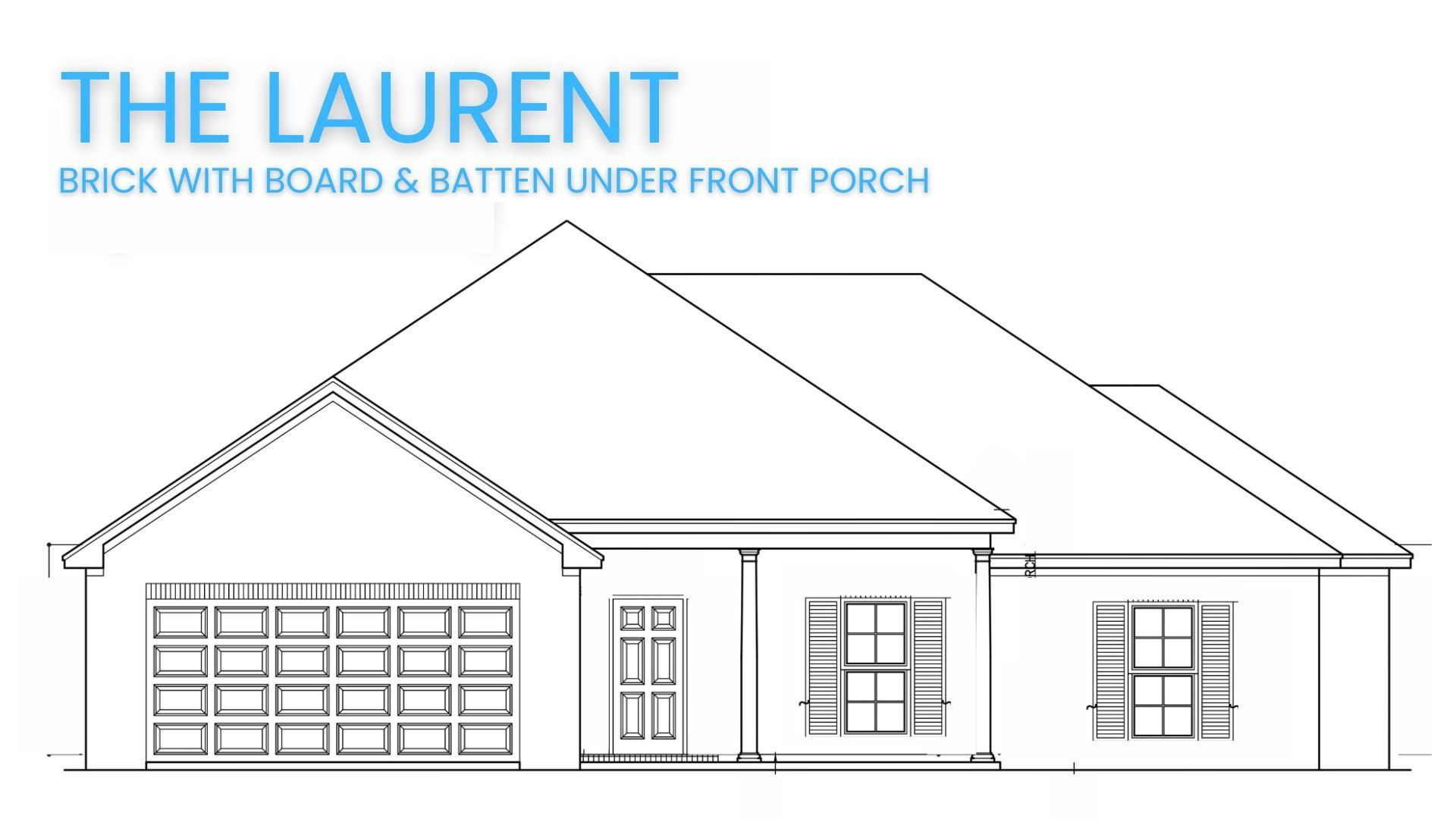 Line drawing of a single-story house with brick and board-and-batten siding; titled