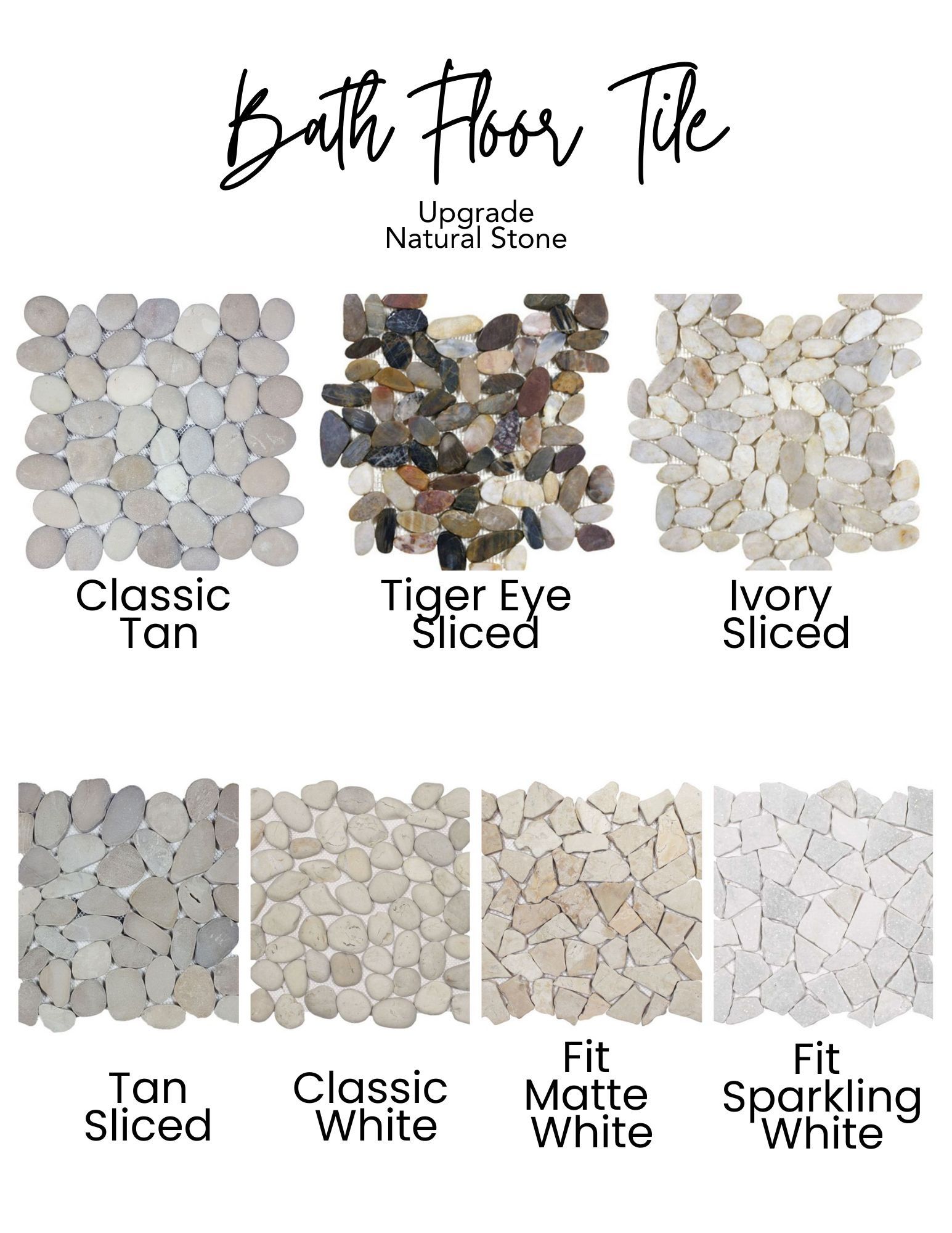 Various natural stone bath floor tile samples in different colors and styles.