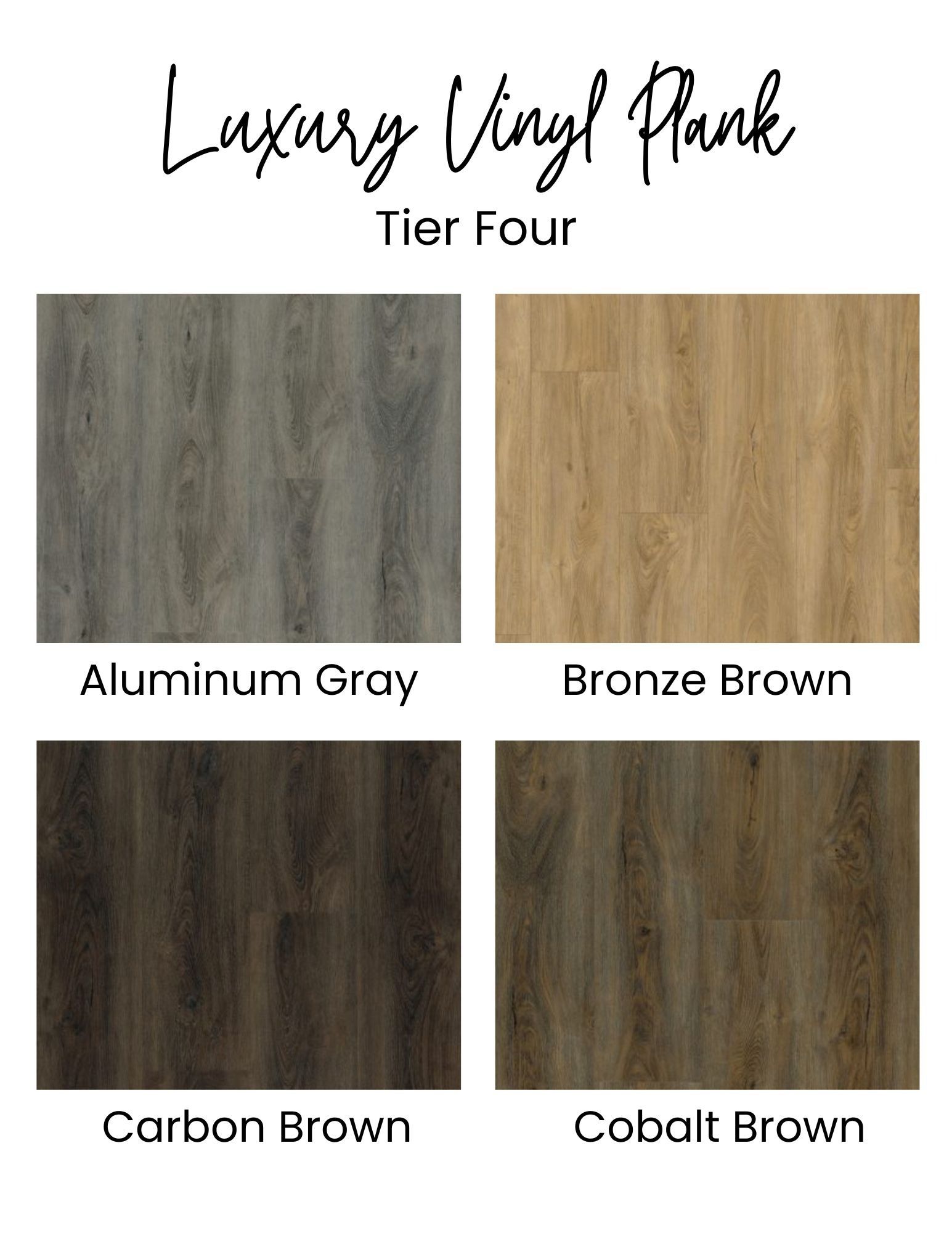 Luxury vinyl plank flooring samples in four colors: Aluminum Gray, Bronze Brown, Carbon Brown, and Cobalt Brown.