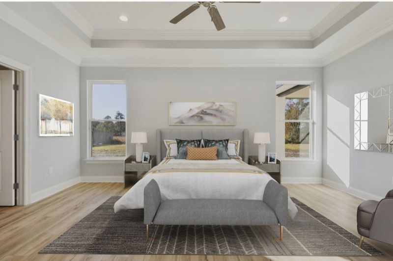 Spacious bedroom with light gray walls, wooden floor, and a bed with a gray bench at the foot.
