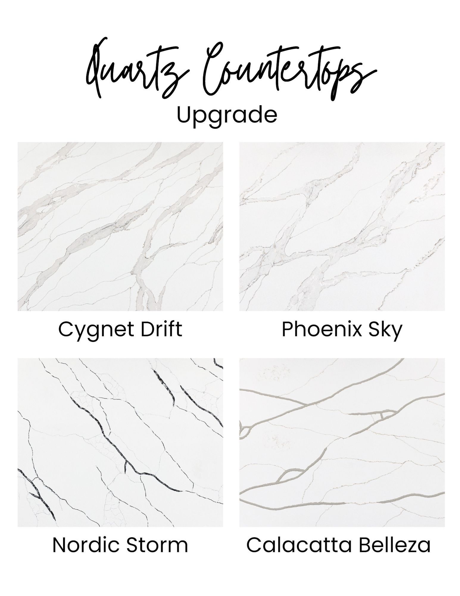 Quartz countertop upgrade options: Cygnet Drift, Phoenix Sky, Nordic Storm, Calacatta Belleza.