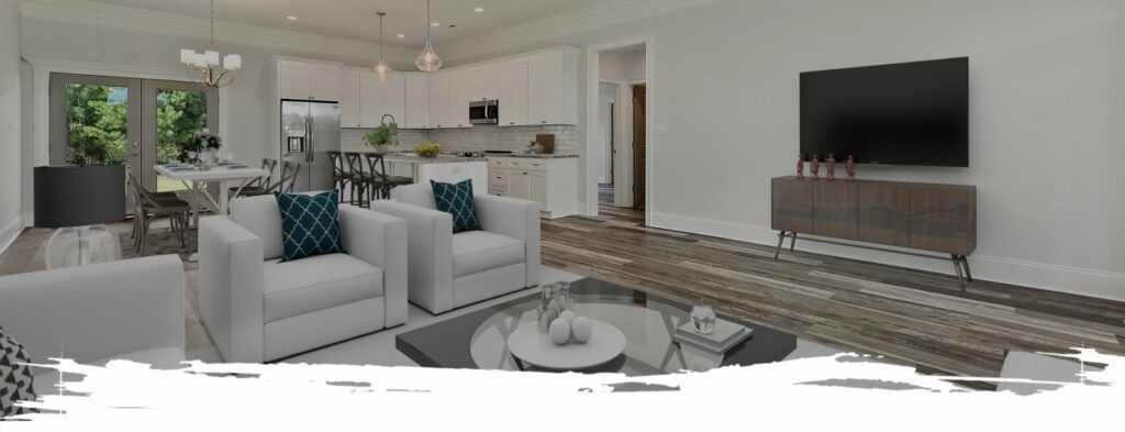 Living room with white furniture, teal pillows, kitchen, TV, and rug.