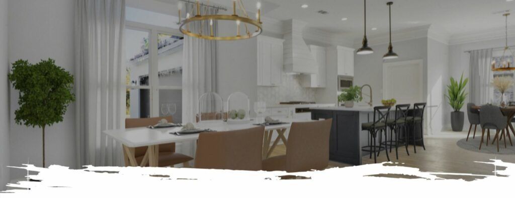 Modern open-concept living space with dining, kitchen and living areas, soft neutral colors, wood floors, and pendant lighting.