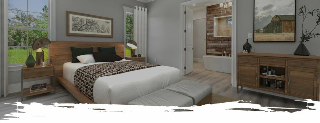 Bedroom with wooden furniture, gray walls, and a view of the outdoors.