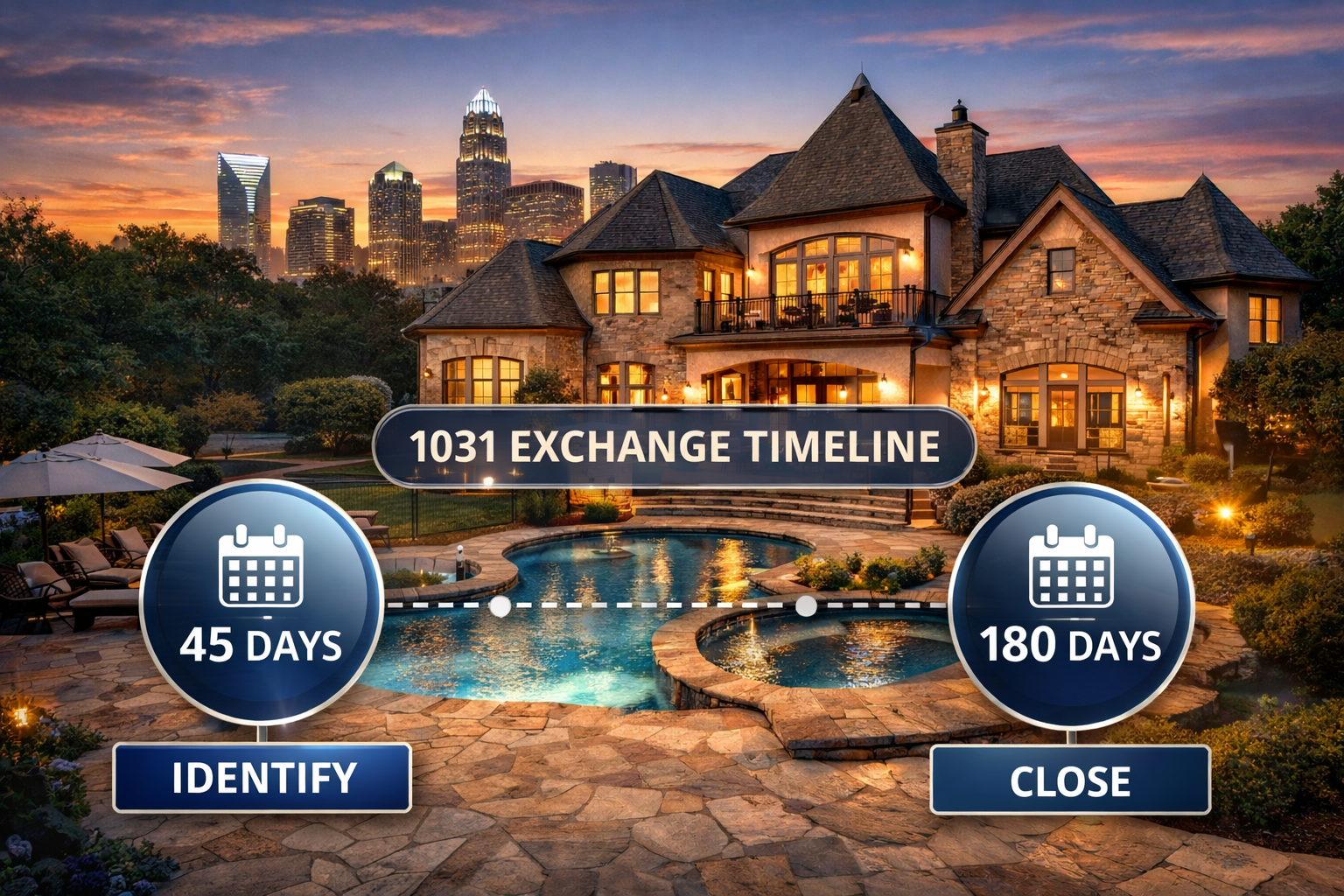 A luxury Charlotte investment property with a 1031 exchange timeline overlay showing the 45-day