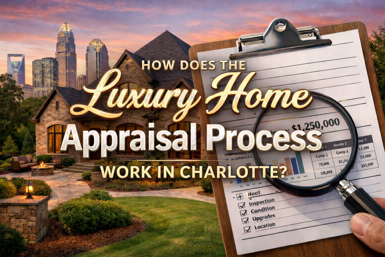 A luxury home in Charlotte with an appraiser's clipboard and magnifying glass overlay, symbolizing