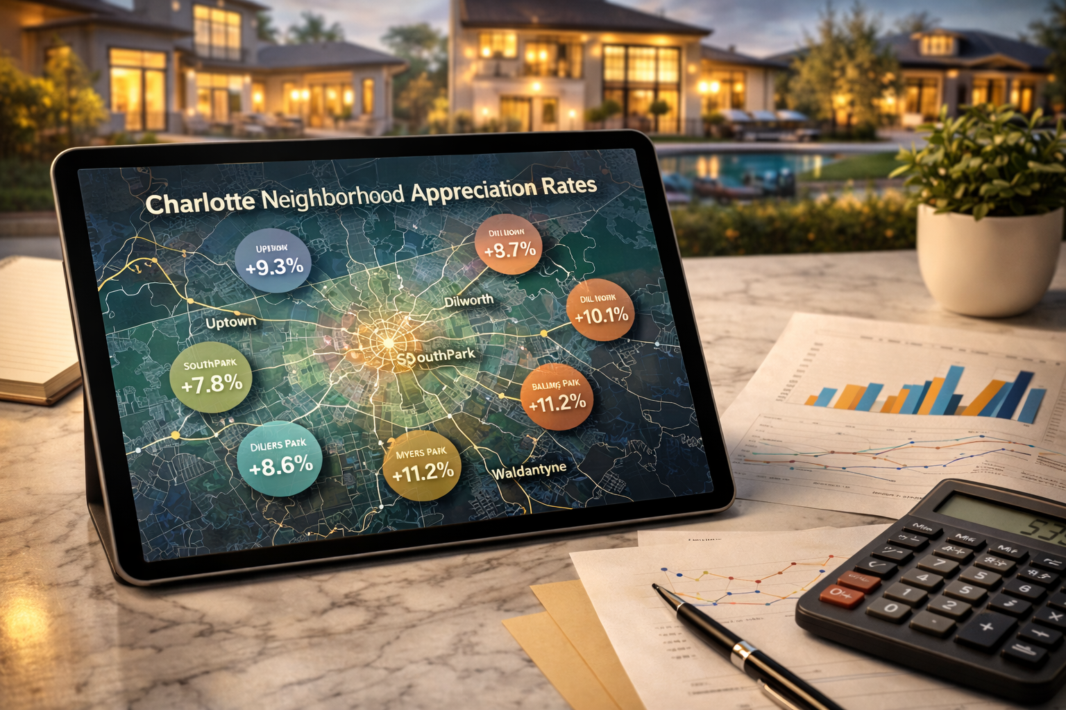 Charlotte luxury home appreciation rates by neighborhood showing investment growth and ROI analysis