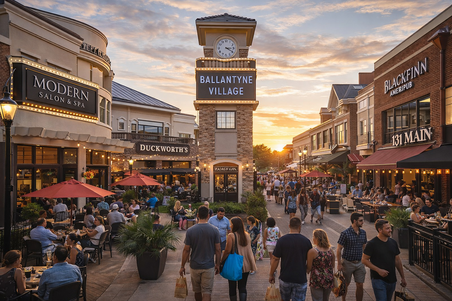 Ballantyne Village filled with people shopping and dining in a key entertainment spot