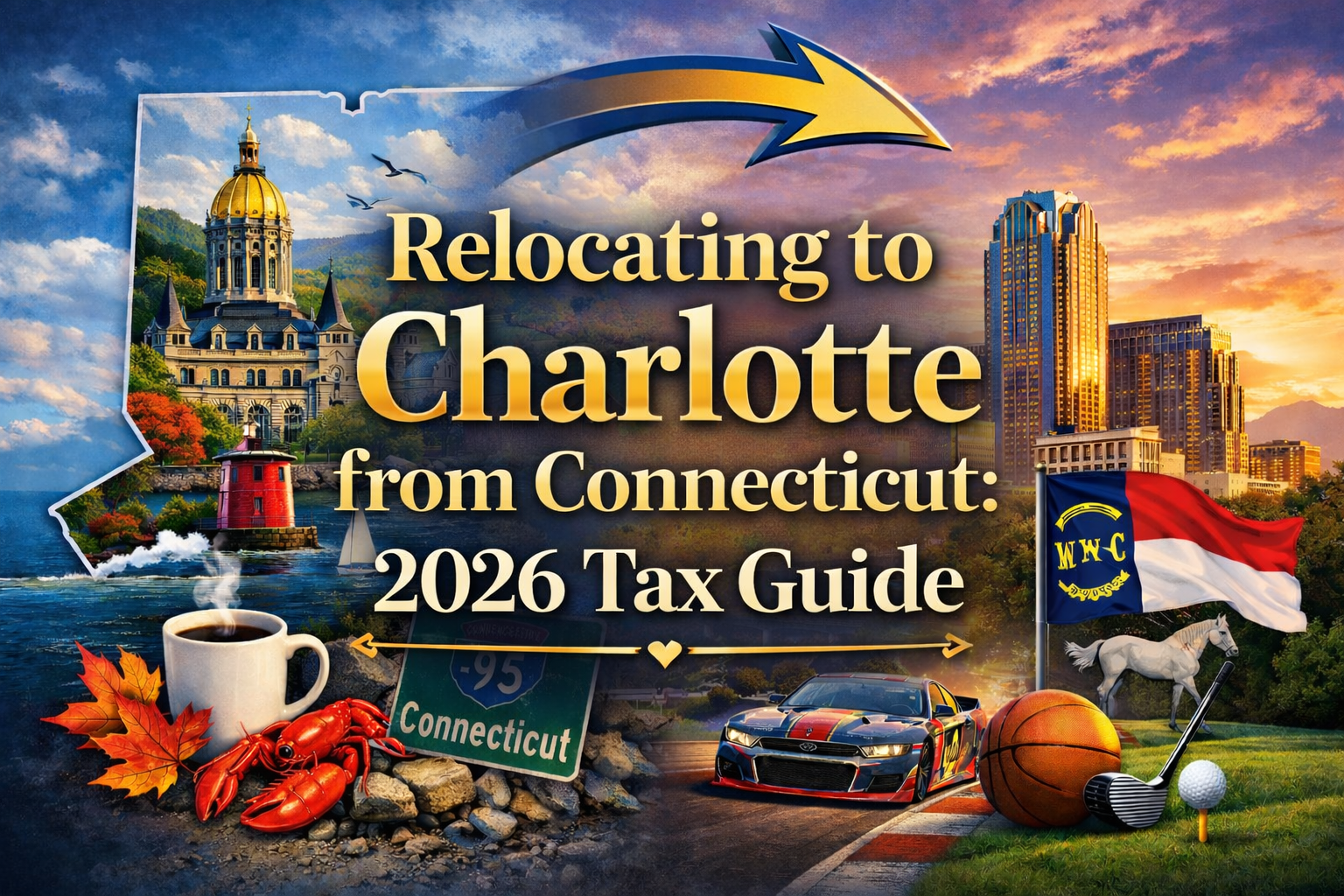 Charlotte skyline and Connecticut state outline comparison showing property tax savings and relocation benefits for executives moving from Fairfield County to Charlotte North Carolina
