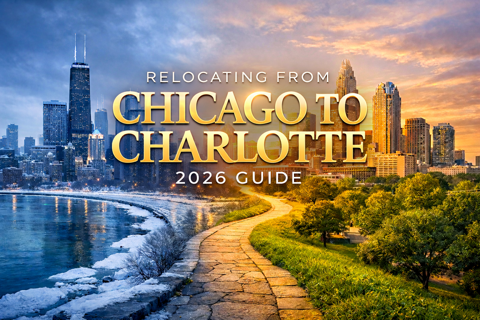 Chicago to Charlotte NC executive relocation guide showing Chicago skyline and Lake Michigan