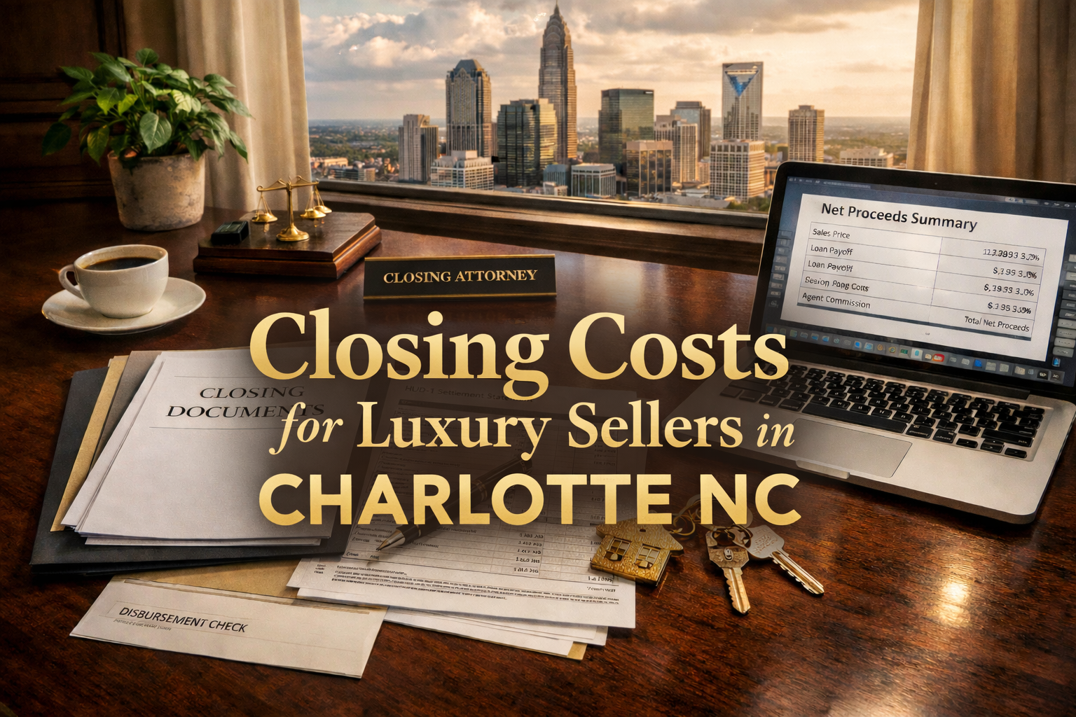Closing table with documents and keys for luxury home sale in Charlotte NC showing seller cost