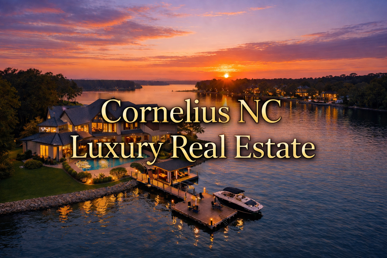 Luxury waterfront home in Cornelius NC on Lake Norman at sunset, showcasing the upscale real estate market.