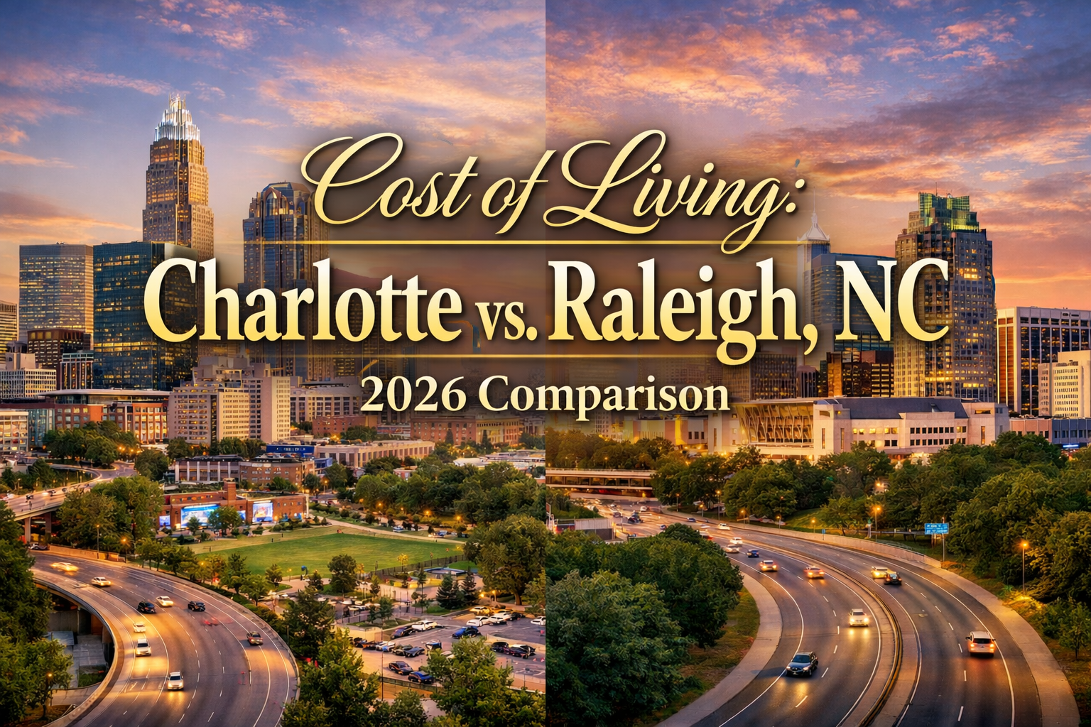 A split image showing the Charlotte skyline on the left and the Raleigh skyline on the right