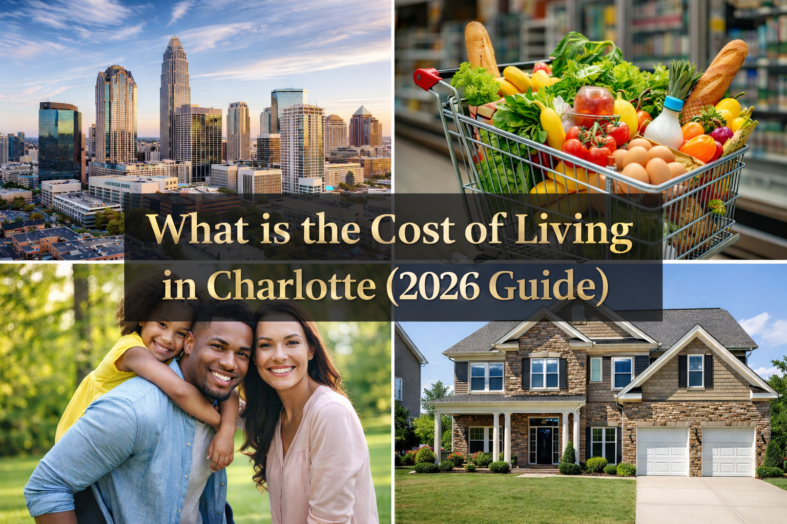 Charlotte cost of living collage: family, skyline, home, and groceries