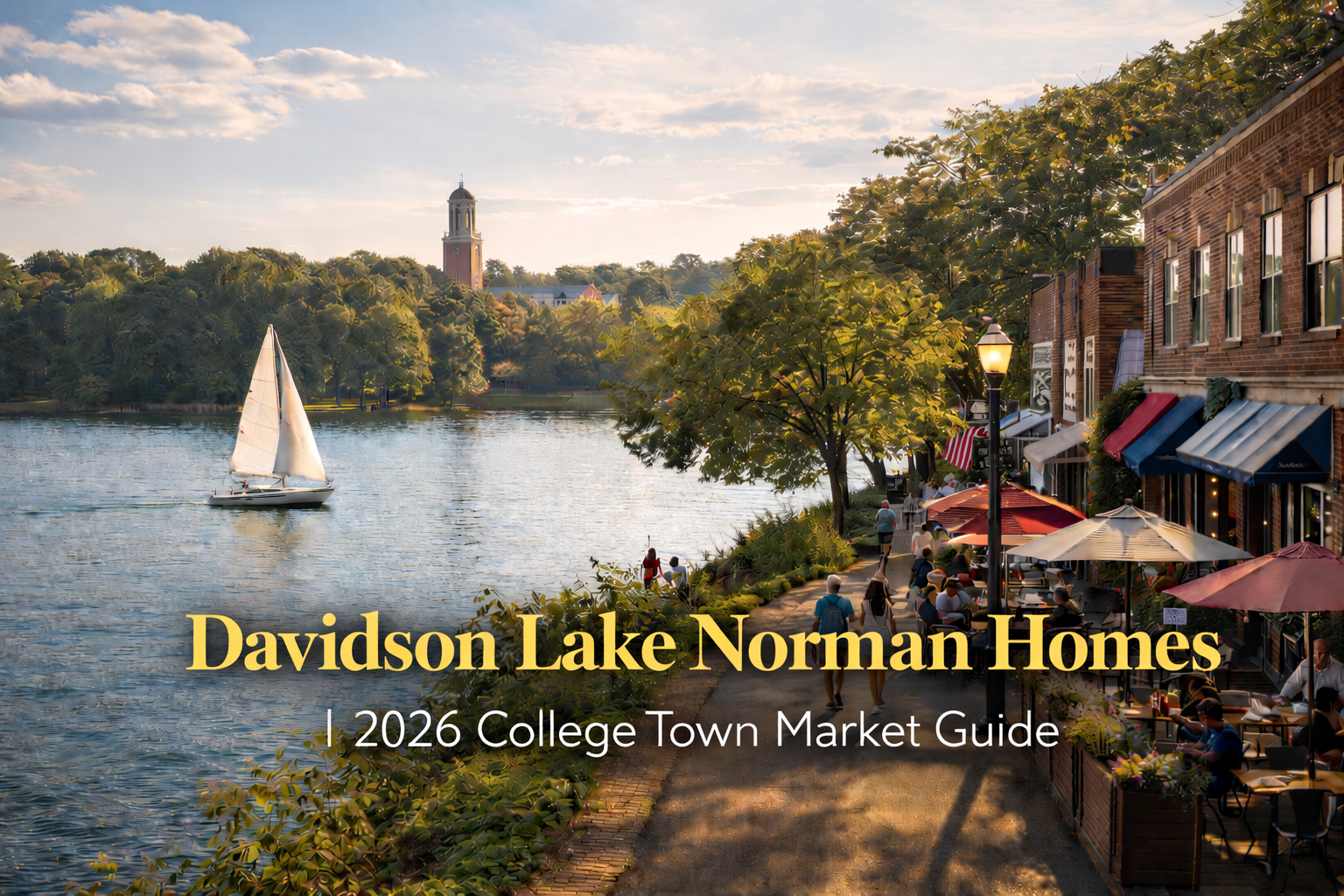 Lake Norman waterfront in Davidson with sailboat, college campus bell tower, and downtown main street with outdoor dining