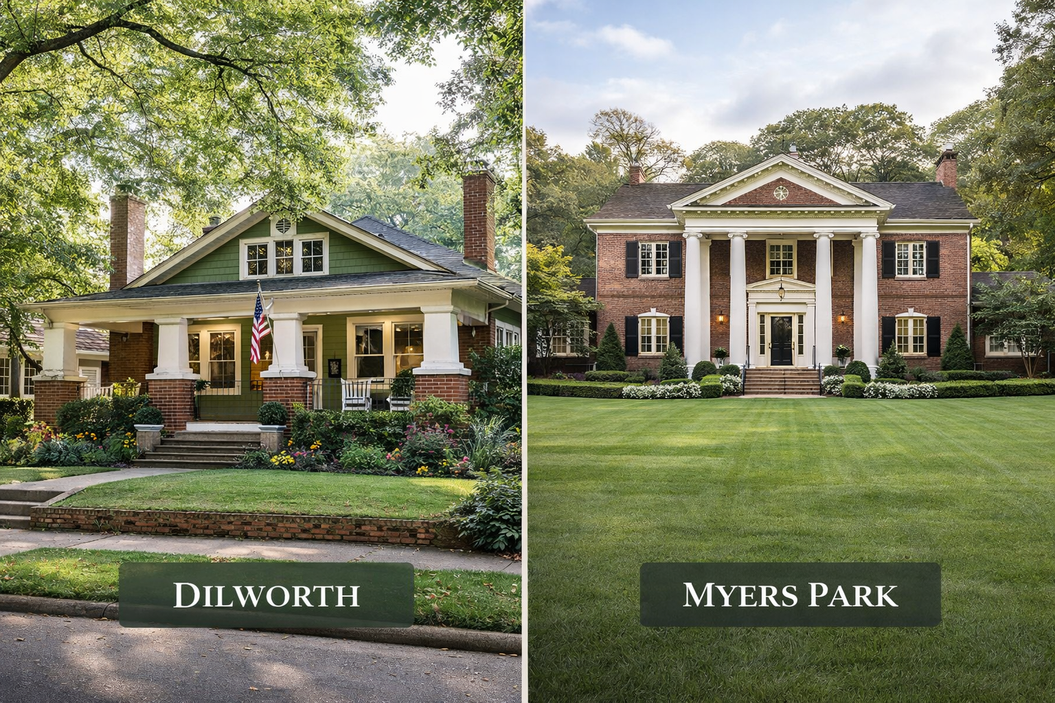 A split image comparing a historic bungalow in Dilworth with a large, stately home in the Myers Park neighborhood of Charlotte, North Carolina.