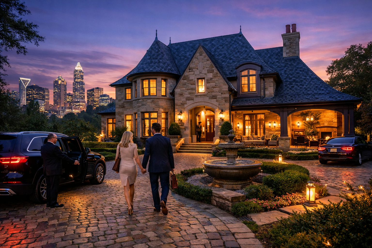 Golden-hour view across a private country club fairway toward a stately white-columned clubhouse