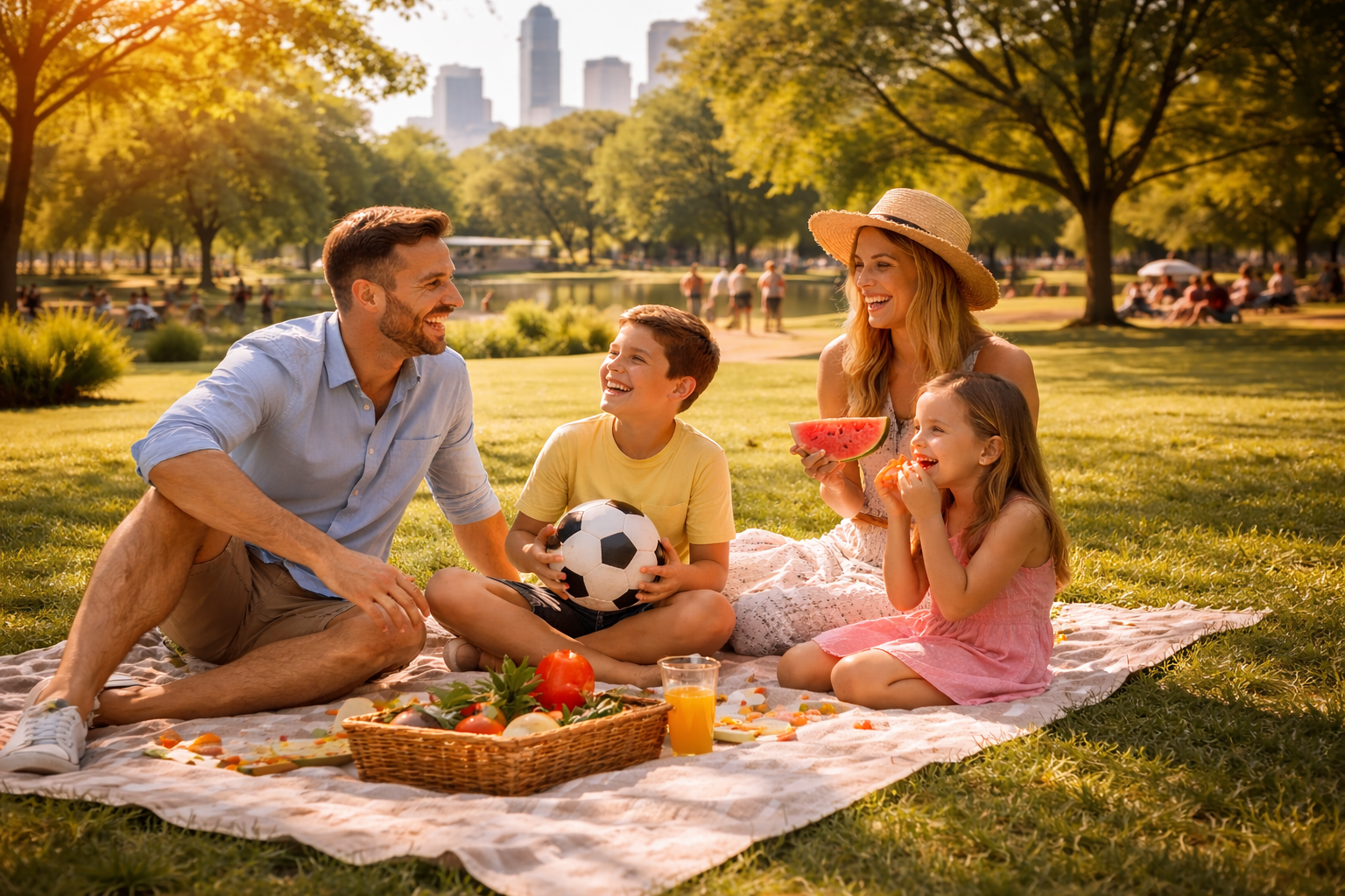Family enjoying a sunny day in a Charlotte park (quality of life)