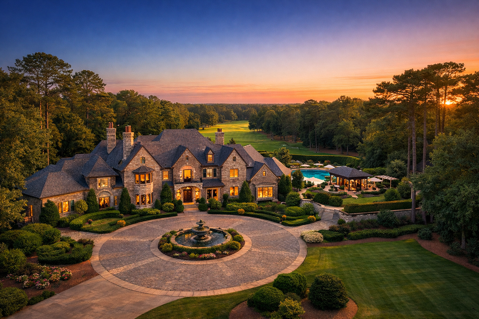 Custom luxury estate home in Charlotte NC Quail Hollow neighborhood at golden hour with Quail Hollow