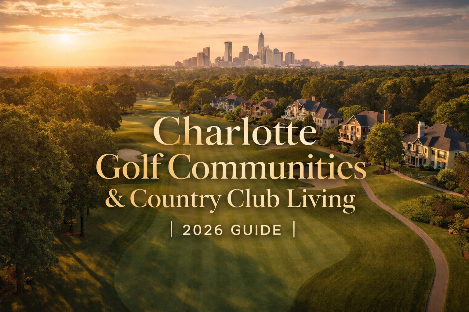 Aerial view of a luxury golf course community in Charlotte NC with estate homes and the city skyline at golden hour