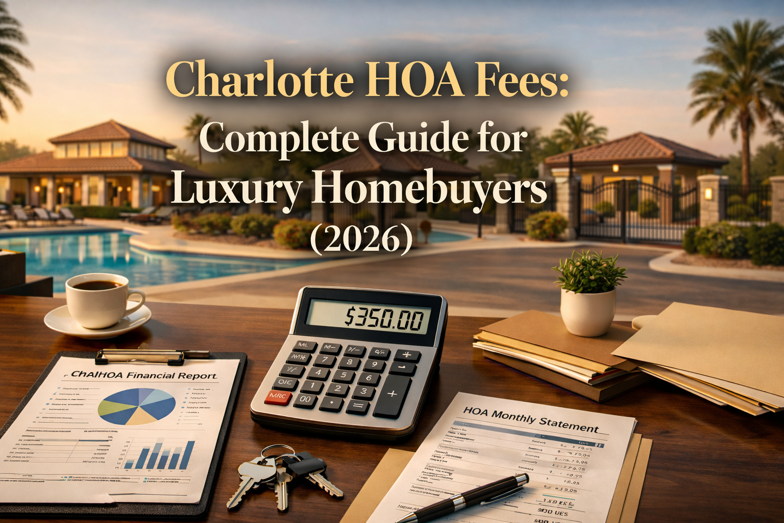 HOA financial documents and fee calculator for Charlotte luxury homes showing monthly cost breakdown