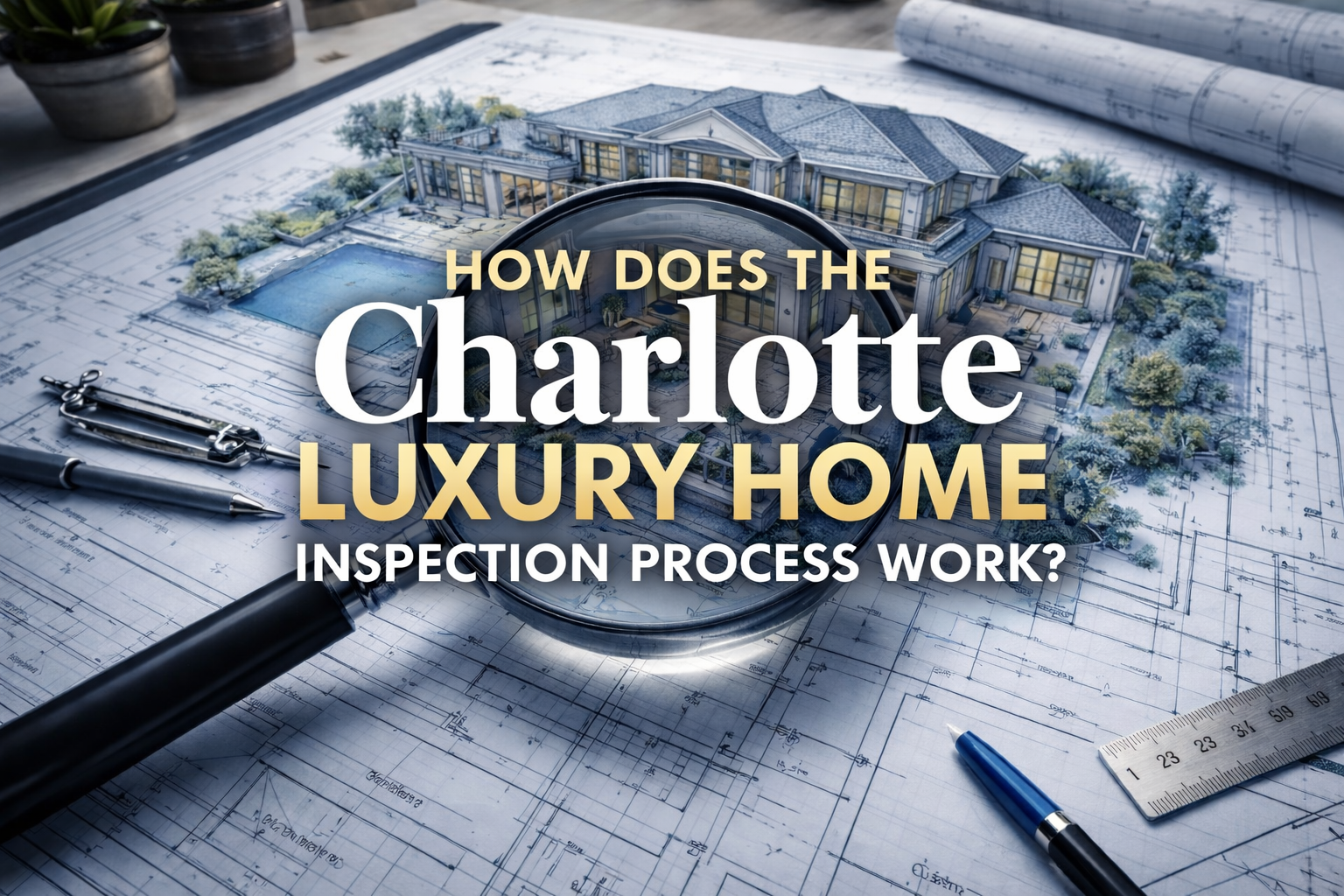 A magnifying glass hovering over a blueprint of a luxury home, symbolizing the detailed inspection