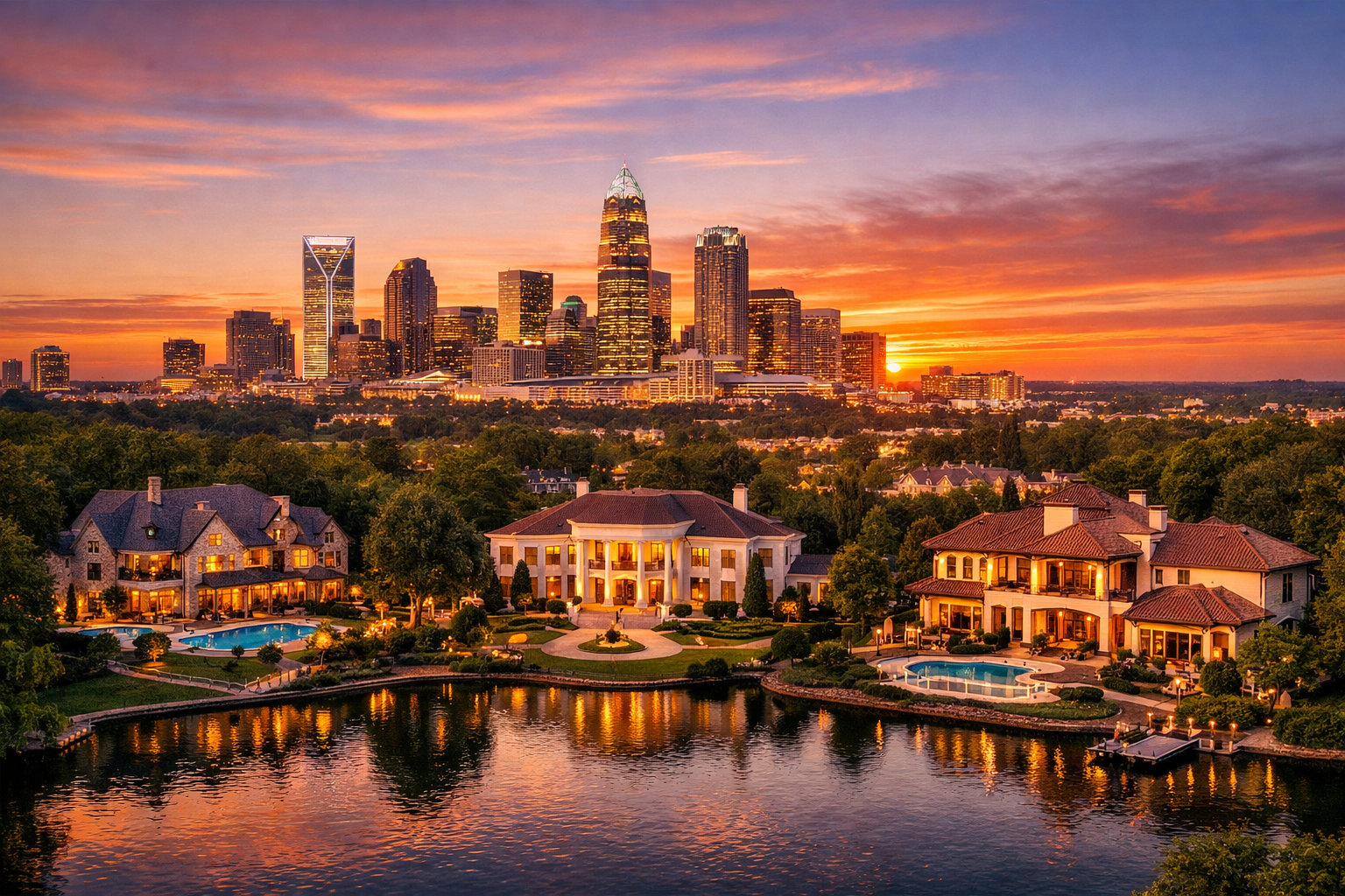 A panoramic view of the Charlotte skyline at sunset with luxury neighborhoods in the foreground