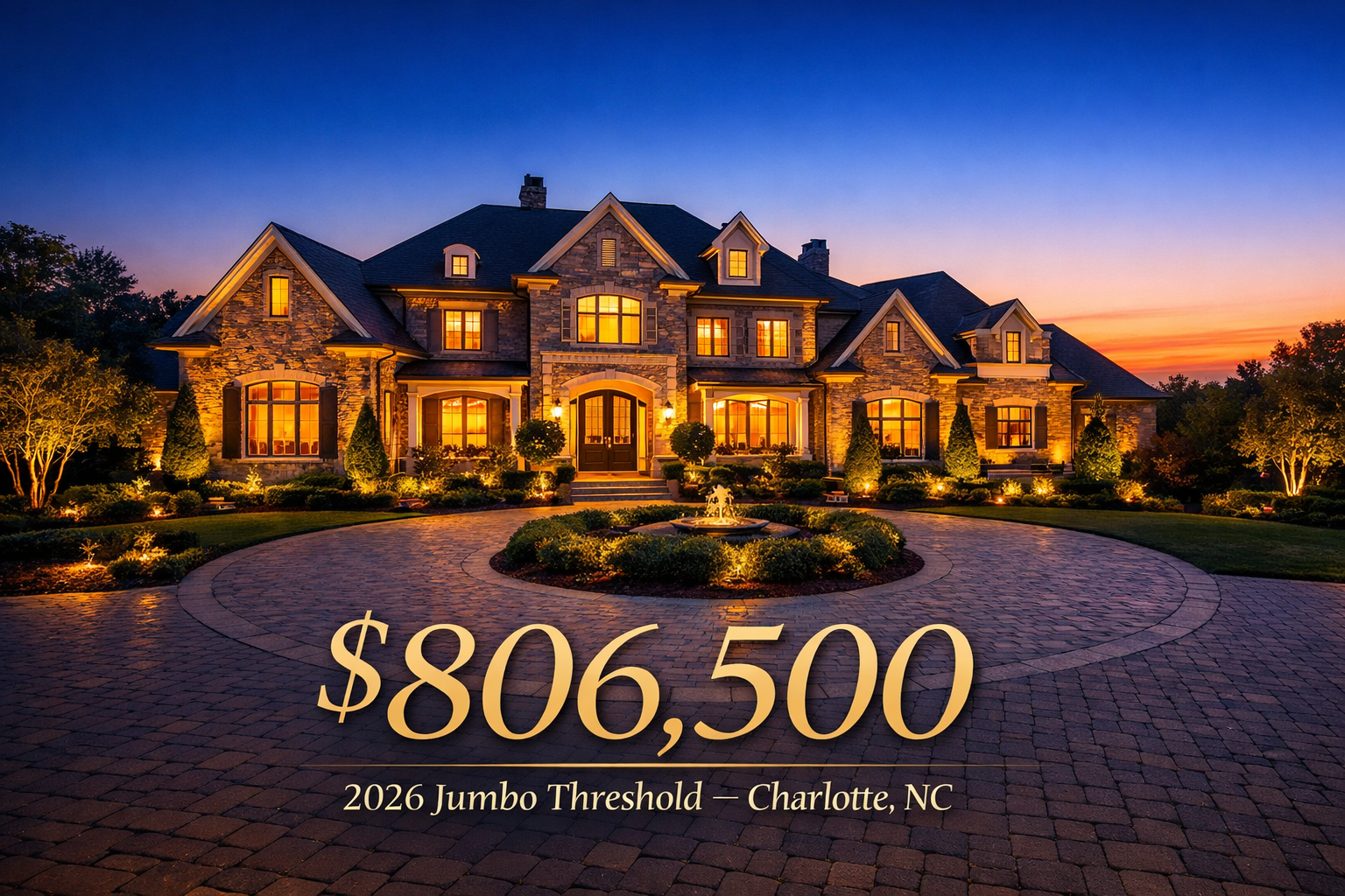 Luxury estate home in Charlotte NC at twilight representing jumbo loan financing for the 2026 luxury real estate market
