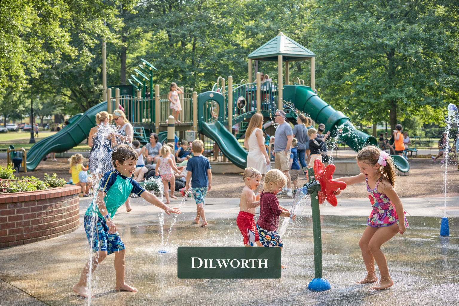 Children and families enjoying the vibrant, walkable lifestyle at Latta Park in the Dilworth neighborhood of Charlotte.