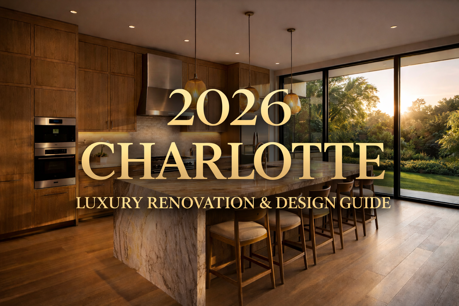 Charlotte NC luxury home renovation featuring modern kitchen with warm wood cabinetry natural stone