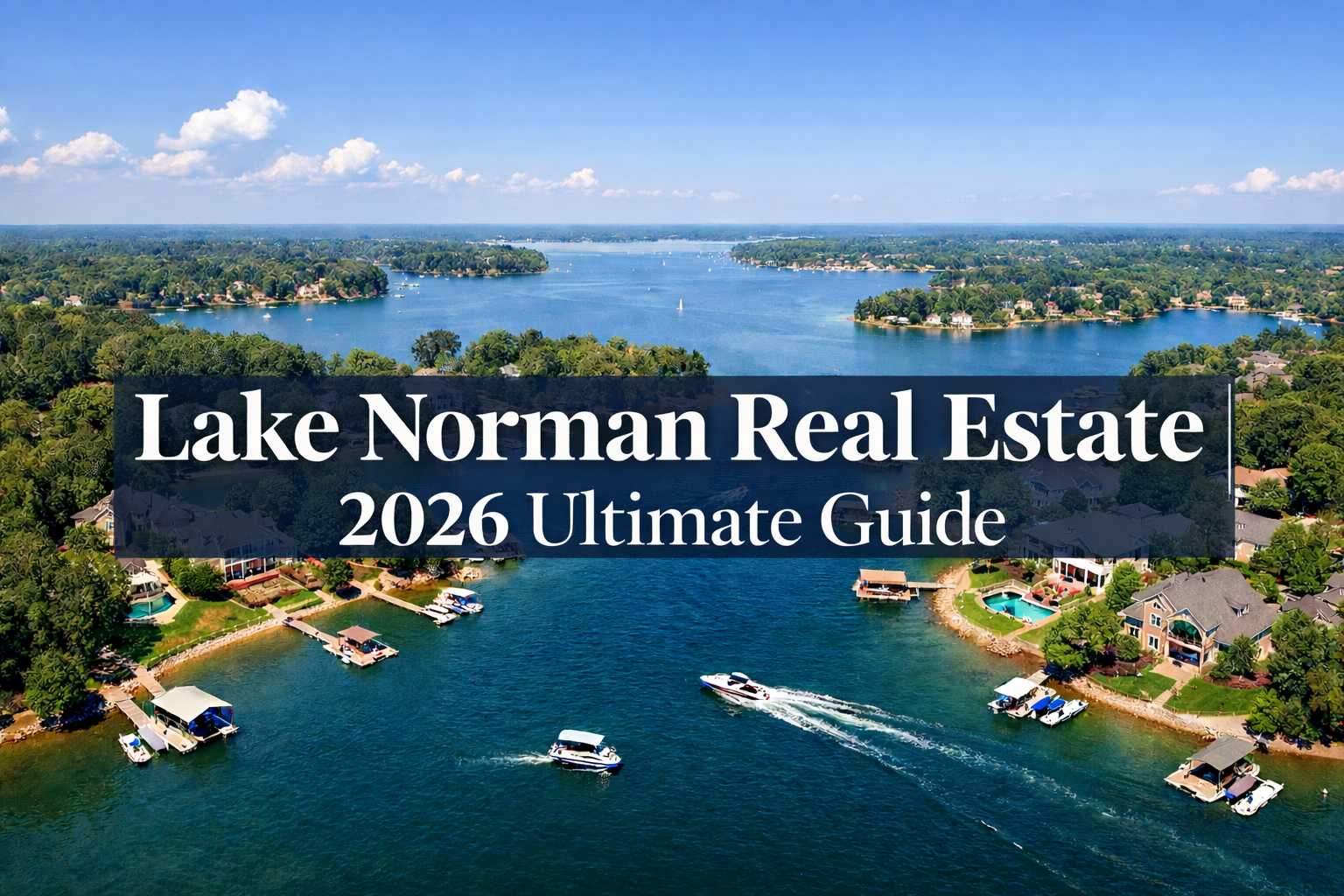 Aerial view of Lake Norman waterfront homes with boats and stunning shoreline