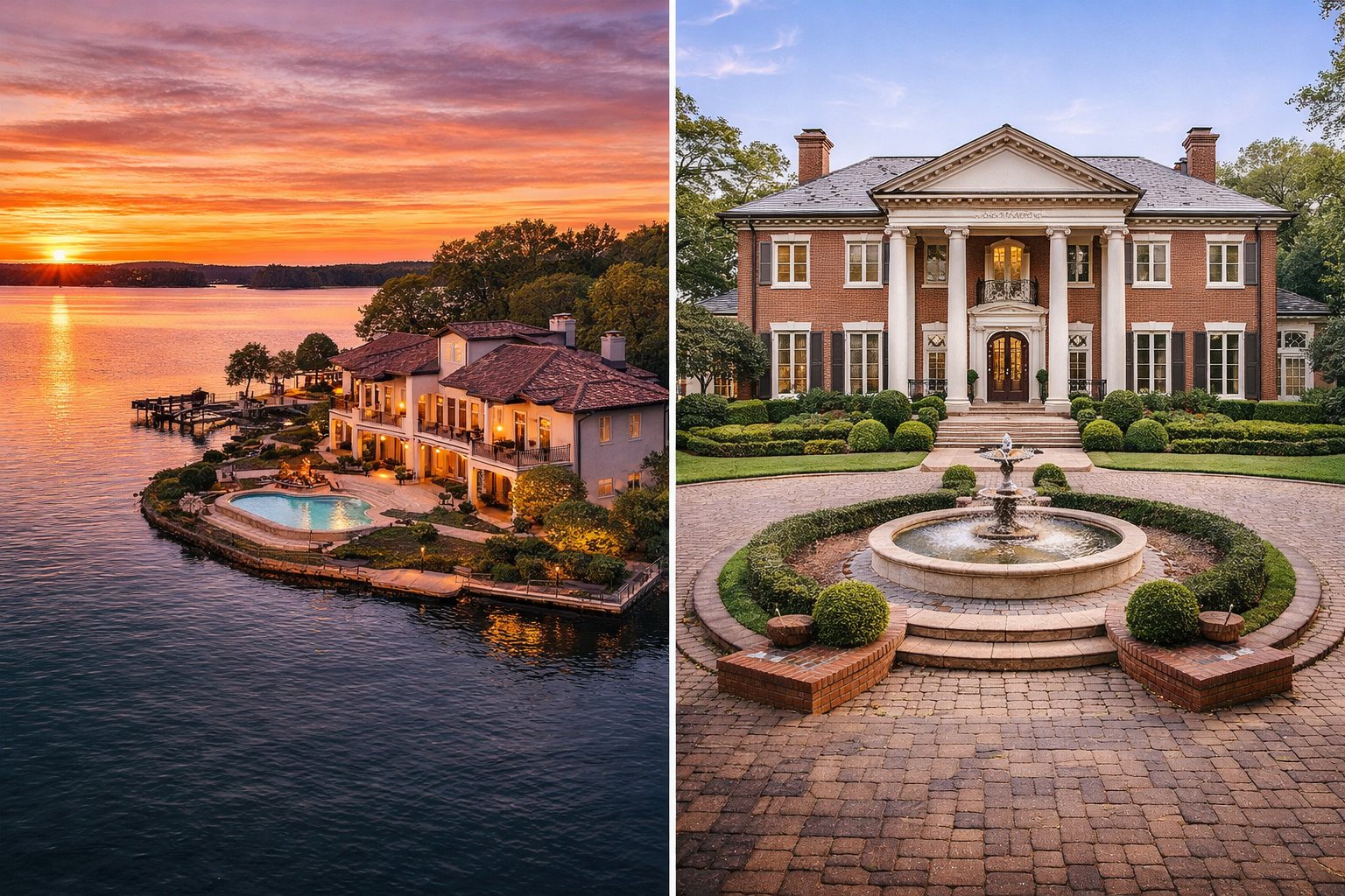 A split-screen view comparing a Lake Norman waterfront estate with a Charlotte Myers Park luxury home, representing the two premier luxury real estate markets.