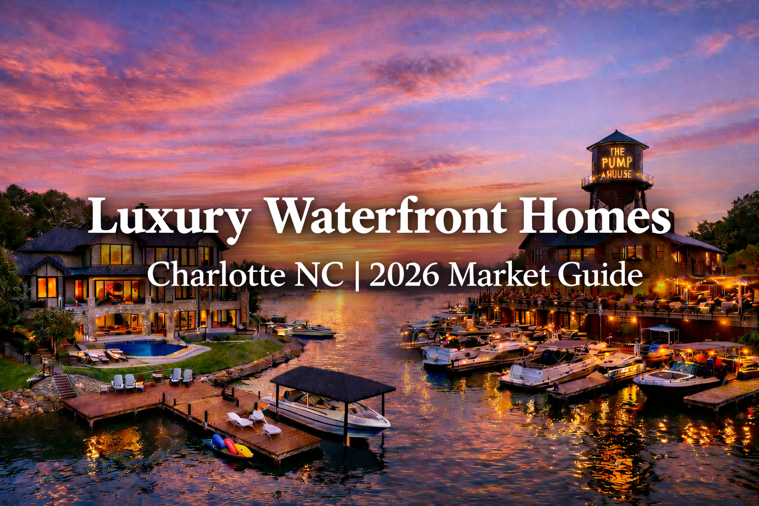 Lake Norman waterfront luxury home Charlotte NC with private dock and panoramic lake views at sunset