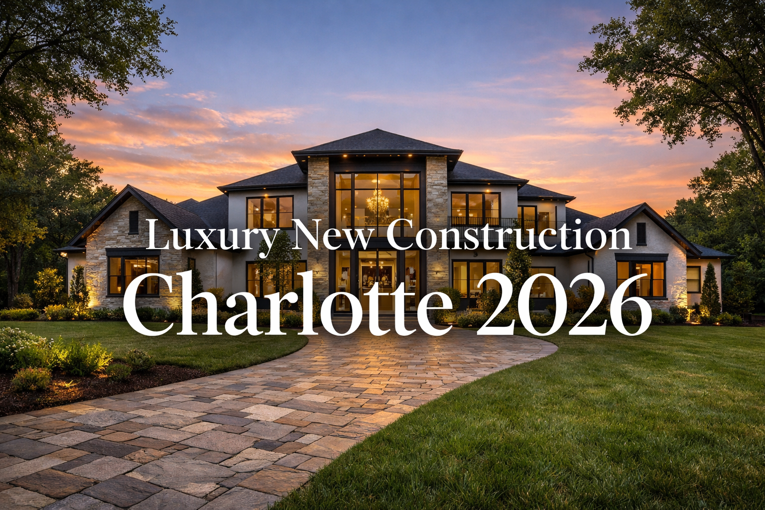 Luxury new construction custom home in Charlotte NC featuring modern transitional architecture with stone and brick facade, floor-to-ceiling windows, and professional landscaping at golden hour