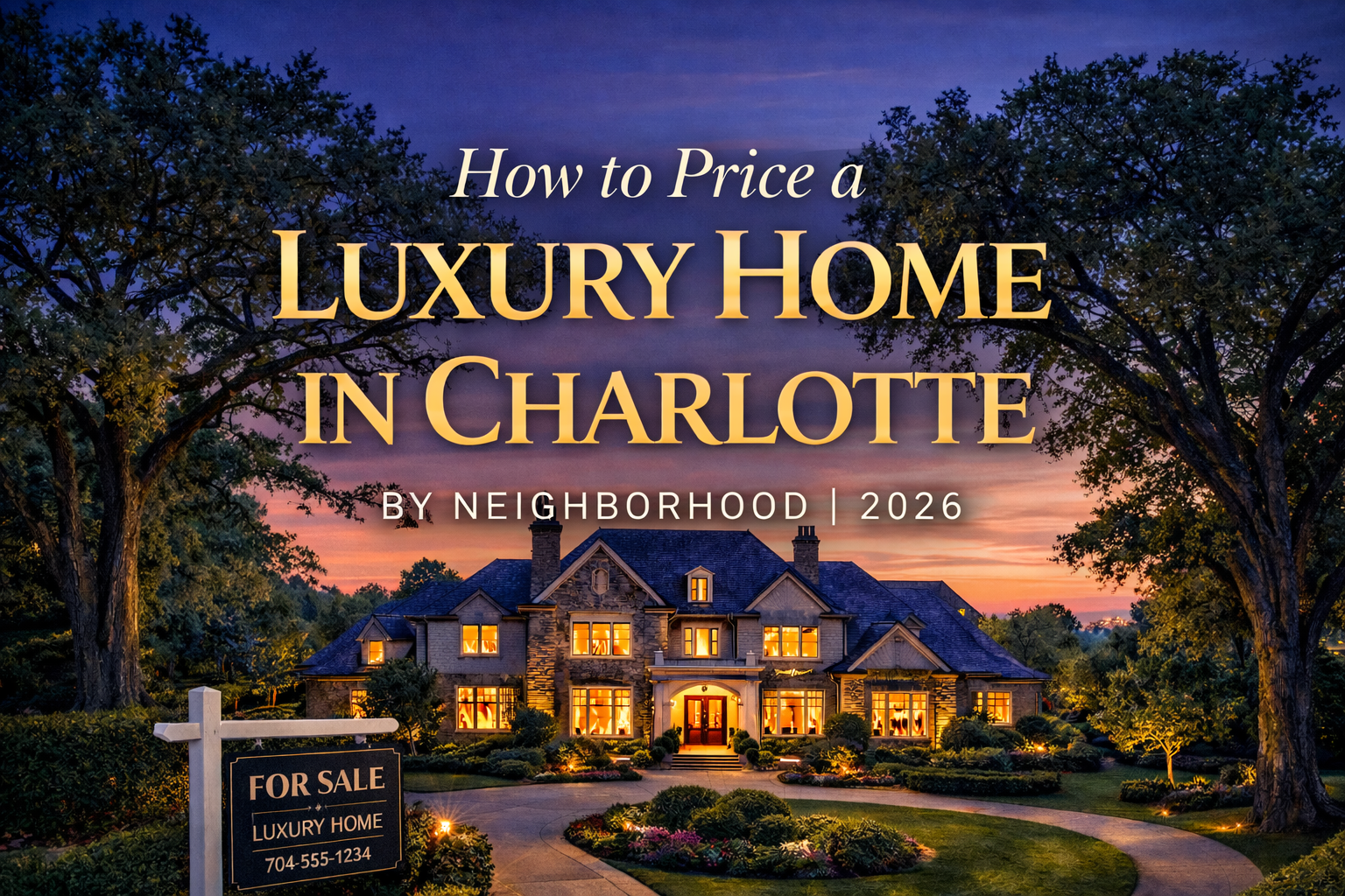 Luxury home for sale in Myers Park Charlotte NC with manicured landscaping at twilight