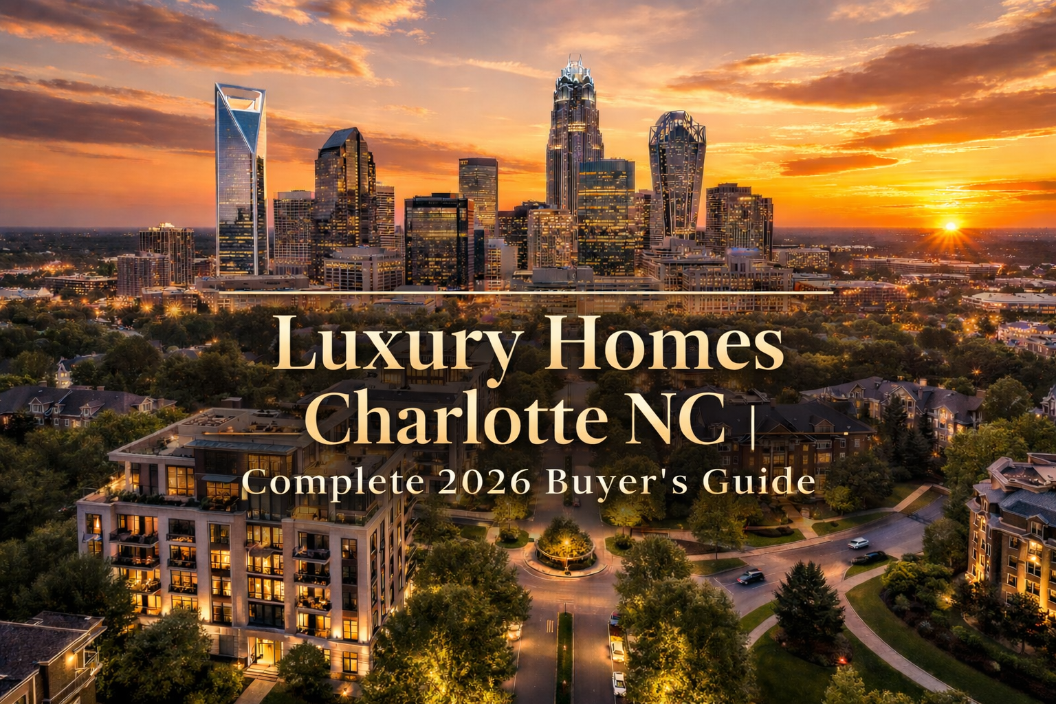 Charlotte skyline at sunset showcasing luxury high-rise buildings and upscale urban landscape with warm lighting