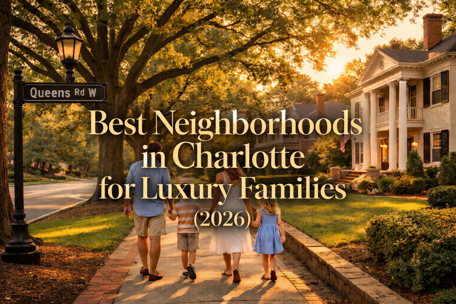 Family walking along tree-lined Queens Road West in Myers Park Charlotte NC luxury neighborhood 2026