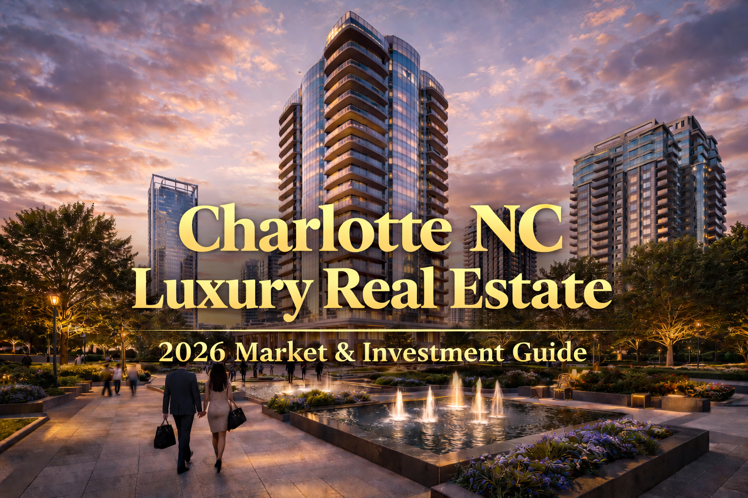 Modern luxury high-rise in Charlotte with glass facade, landscaped plaza, and business professionals at sunset