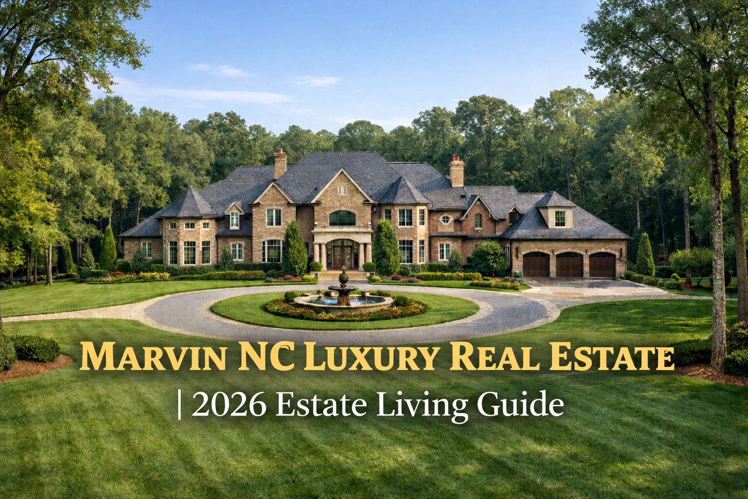 Luxury estate home in Marvin NC with expansive acreage, circular driveway and mature landscaping