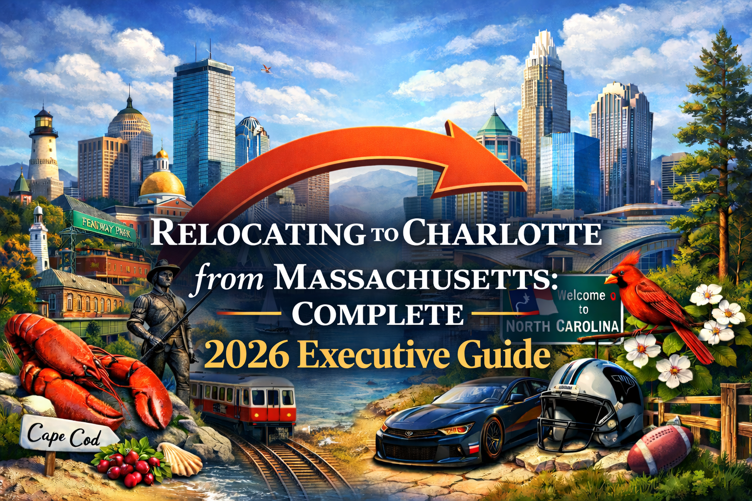 Charlotte skyline and Boston state house comparison showing tax savings and relocation benefits