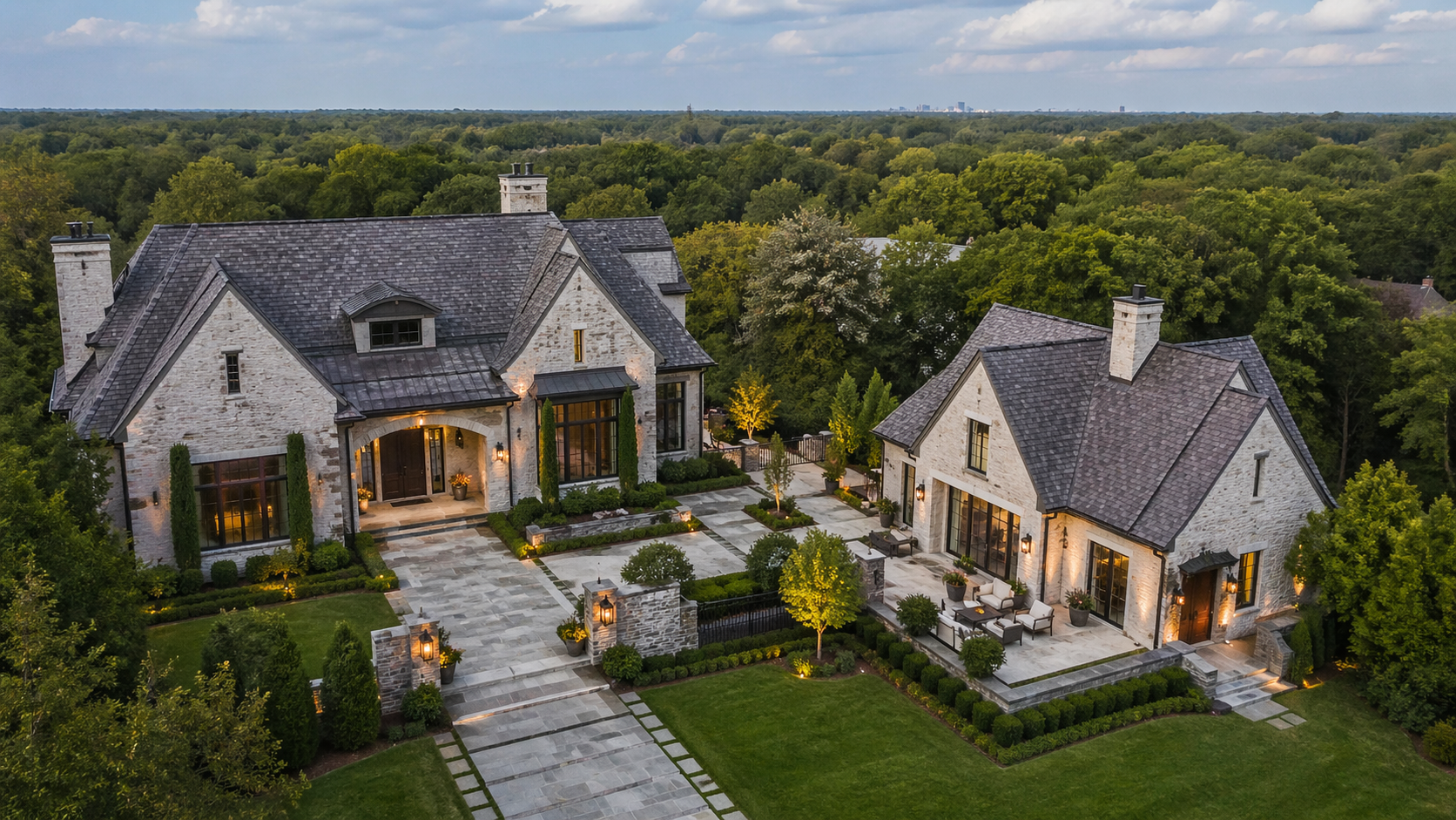 Aerial view of Charlotte luxury home with separate ADU guest cottage on half-acre lot — multigenerational family estate 2026