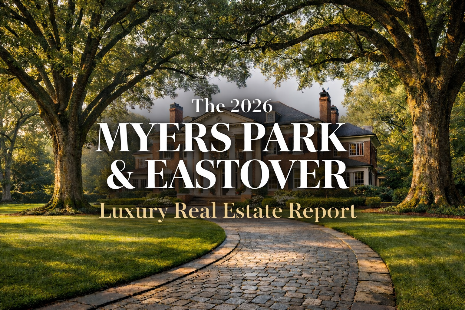 Stately historic mansion in Myers Park, Charlotte NC, framed by mature willow oaks