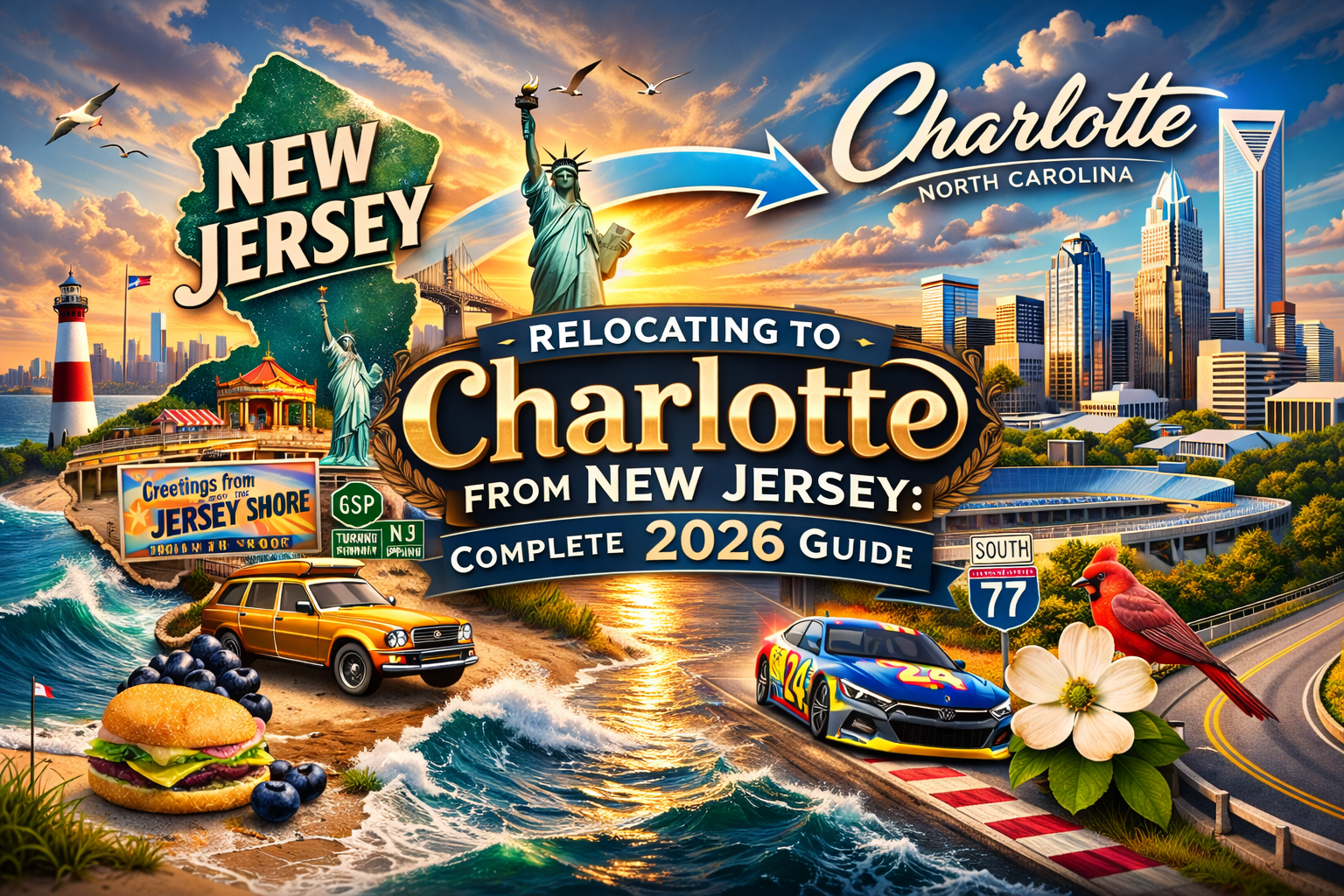 Charlotte skyline and New Jersey state house comparison showing tax savings and relocation benefits