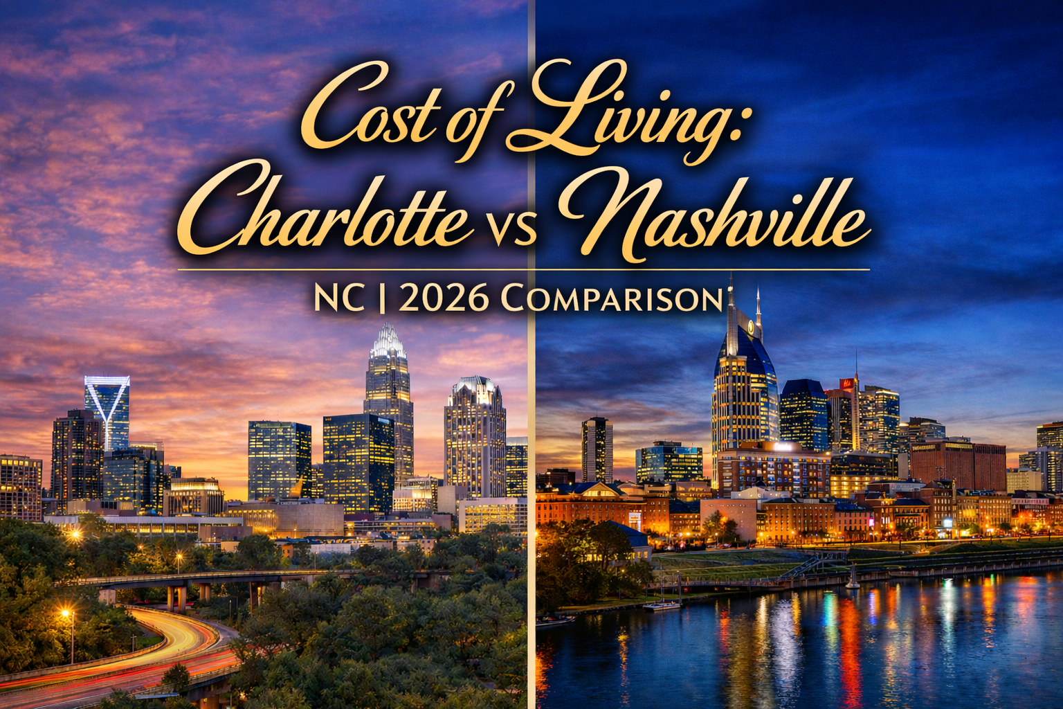 Charlotte NC skyline and Nashville TN skyline side-by-side comparison for cost of living analysis