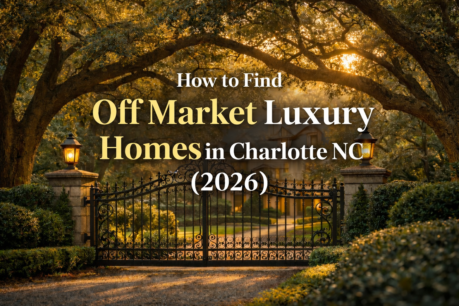 Luxury home in Myers Park Charlotte North Carolina partially hidden behind mature trees and iron gate representing off market luxury real estate