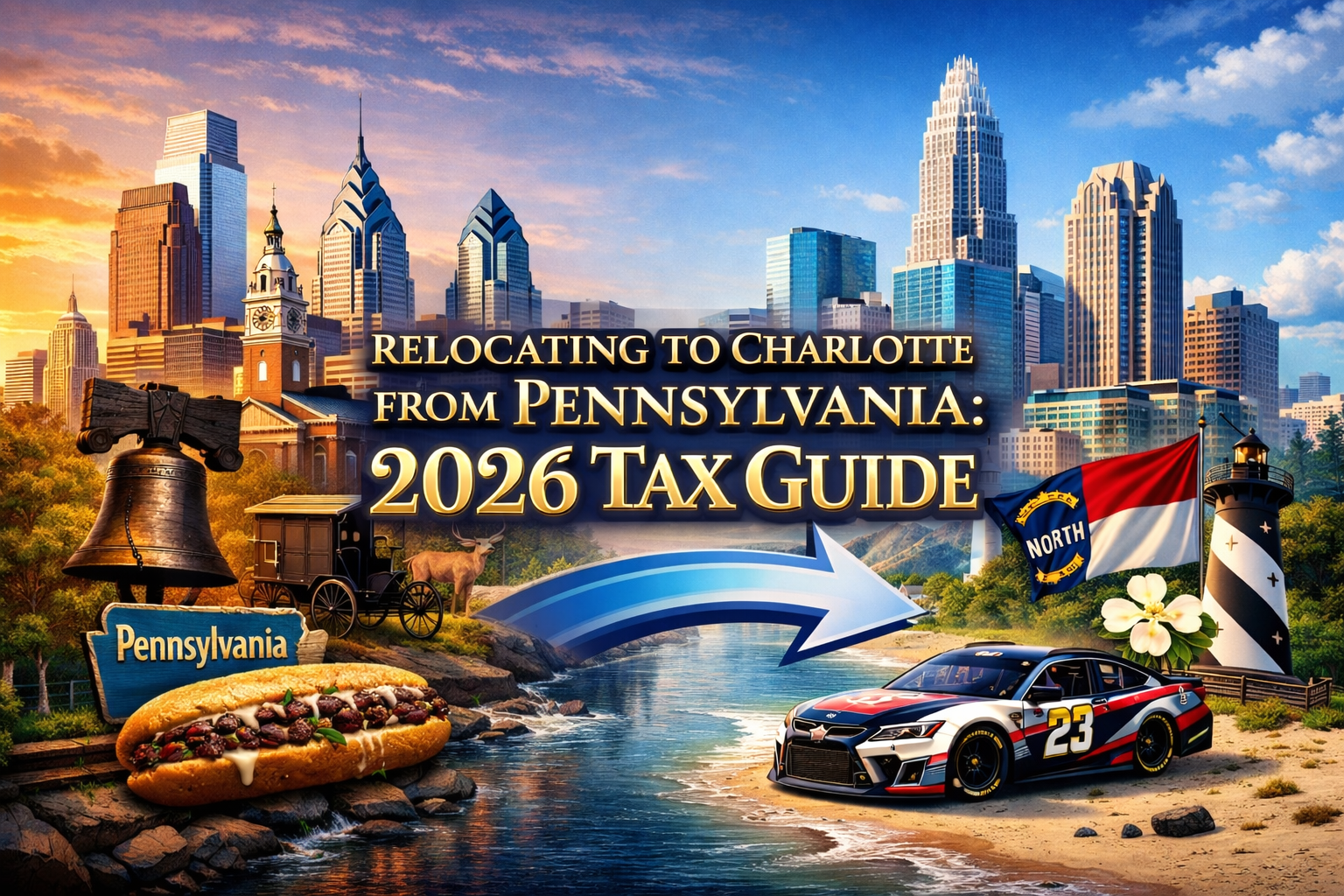 Charlotte skyline and Pennsylvania state outline comparison showing tax savings & Benefits