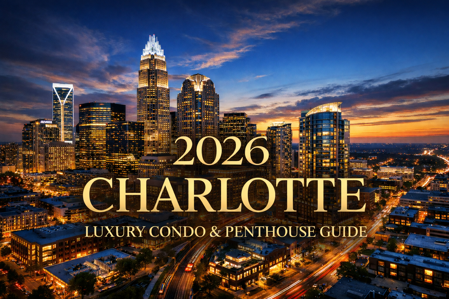 Charlotte NC luxury condo skyline at twilight featuring Uptown high rise penthouses and South End